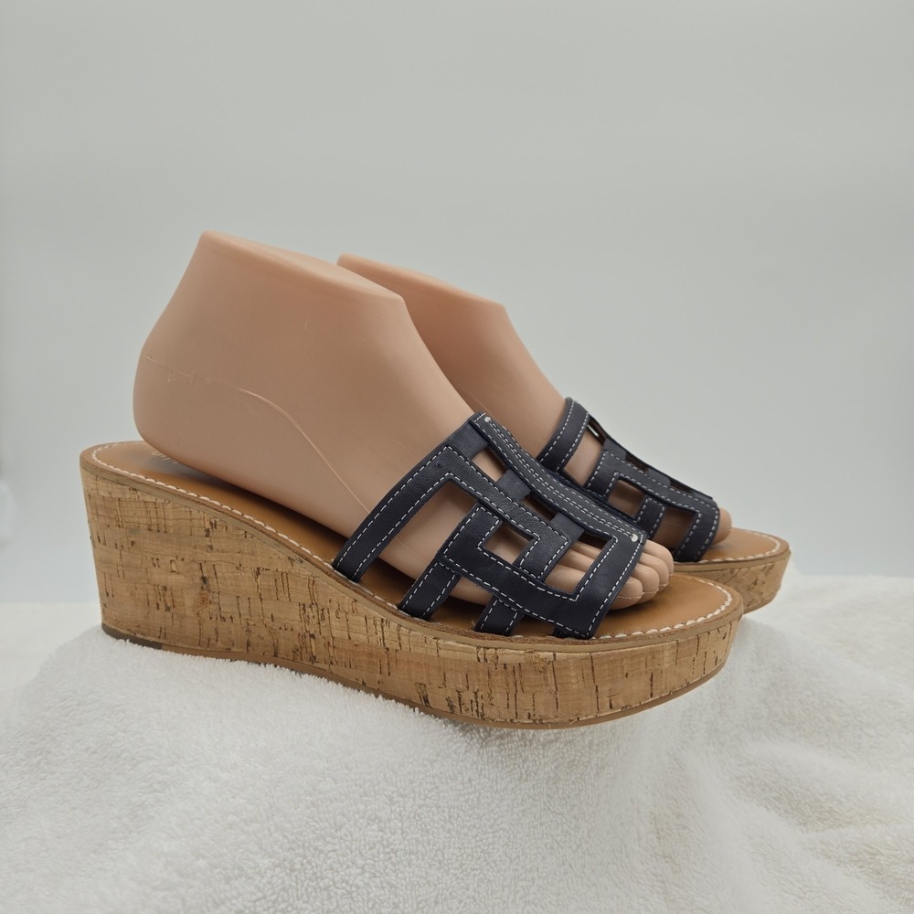 J. McLaughlin "Piper" Leather Wedge Platform Sandal Navy Blue Women's Size 9